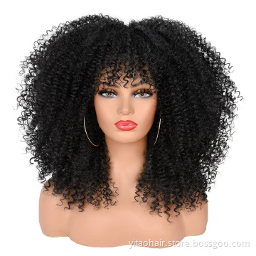 Wholesale Black Curly Wigs for Black Women Afro Curly Wigs with Bangs 14 Inch Afro Kinky Loose Curly Wave Synthetic Hair Wigs